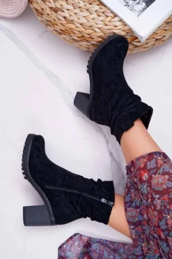 Botki Damskie Na Słupku Zamsz Czarne Celma