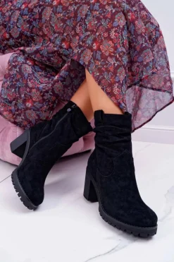 Botki Damskie Na Słupku Zamsz Czarne Celma