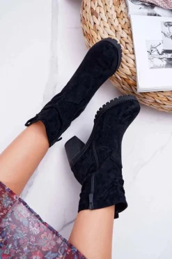 Botki Damskie Na Słupku Zamsz Czarne Celma