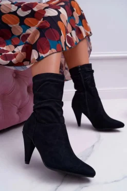 Botki Damskie Na Słupku Za Kostkę Ocieplane Czarne Temma