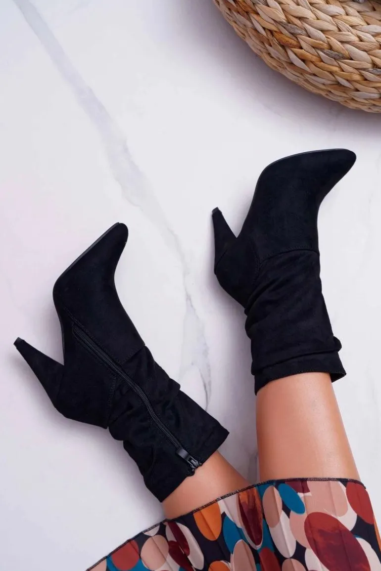 Botki Damskie Na Słupku Za Kostkę Ocieplane Czarne Temma