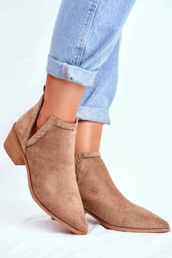 Botki Damskie Na Słupku Zamszowe Ażurowe Beżowe Margate