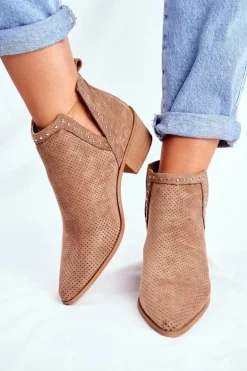 Botki Damskie Na Słupku Zamszowe Ażurowe Beżowe Margate