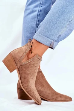 Botki Damskie Na Słupku Zamszowe Ażurowe Beżowe Margate