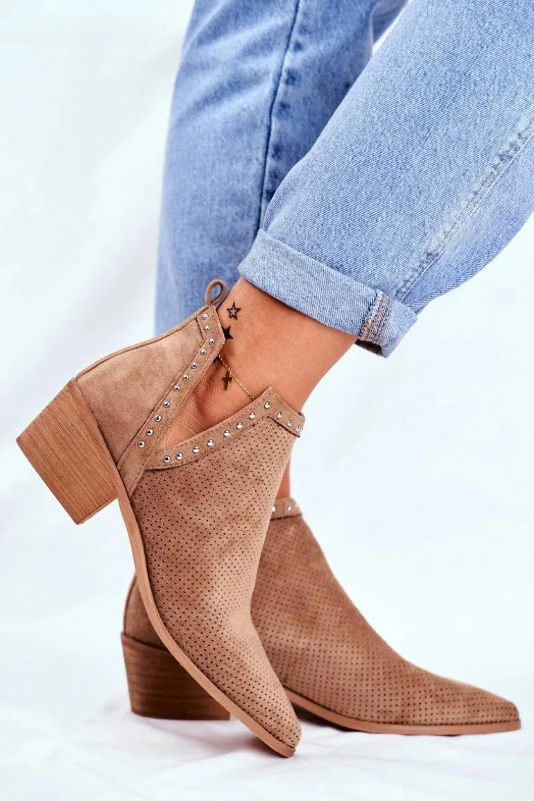 Botki Damskie Na Słupku Zamszowe Ażurowe Beżowe Margate