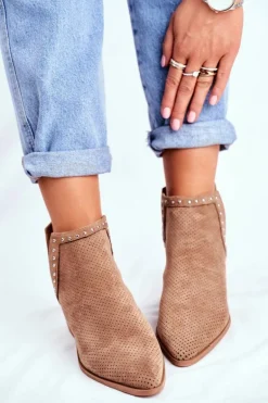 Botki Damskie Na Słupku Zamszowe Ażurowe Beżowe Margate