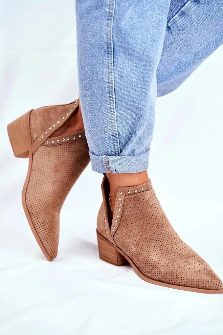 Botki Damskie Na Słupku Zamszowe Ażurowe Beżowe Margate