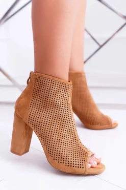 Botki Damskie Na Słupku Zamszowe Camel Jessin