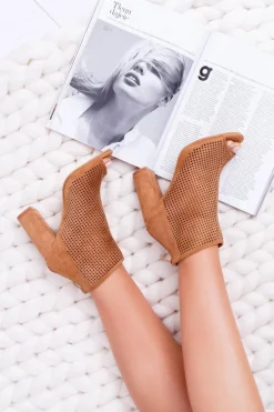 Botki Damskie Na Słupku Zamszowe Camel Jessin