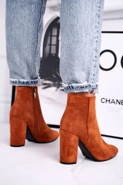 Botki Damskie na Słupku Zamszowe Camel Sharks