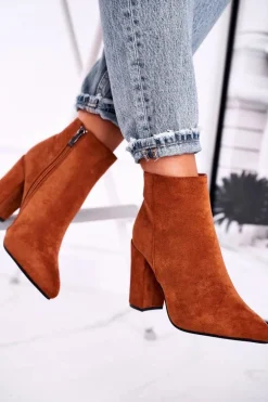 Botki Damskie na Słupku Zamszowe Camel Sharks