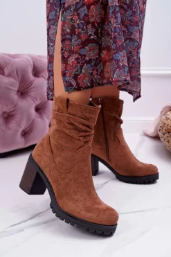 Botki Damskie Na Słupku Zamsz Camel Celma