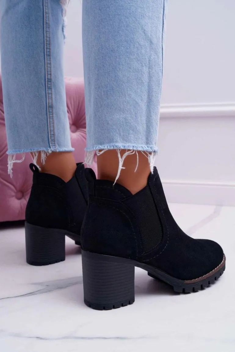 Botki Damskie na Słupku Zamszowe Czarne Shanto