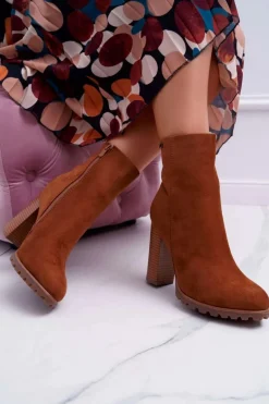 Botki Damskie na Słupku Zamszowe Camel Cadillac