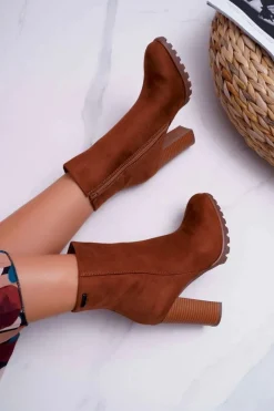 Botki Damskie na Słupku Zamszowe Camel Cadillac