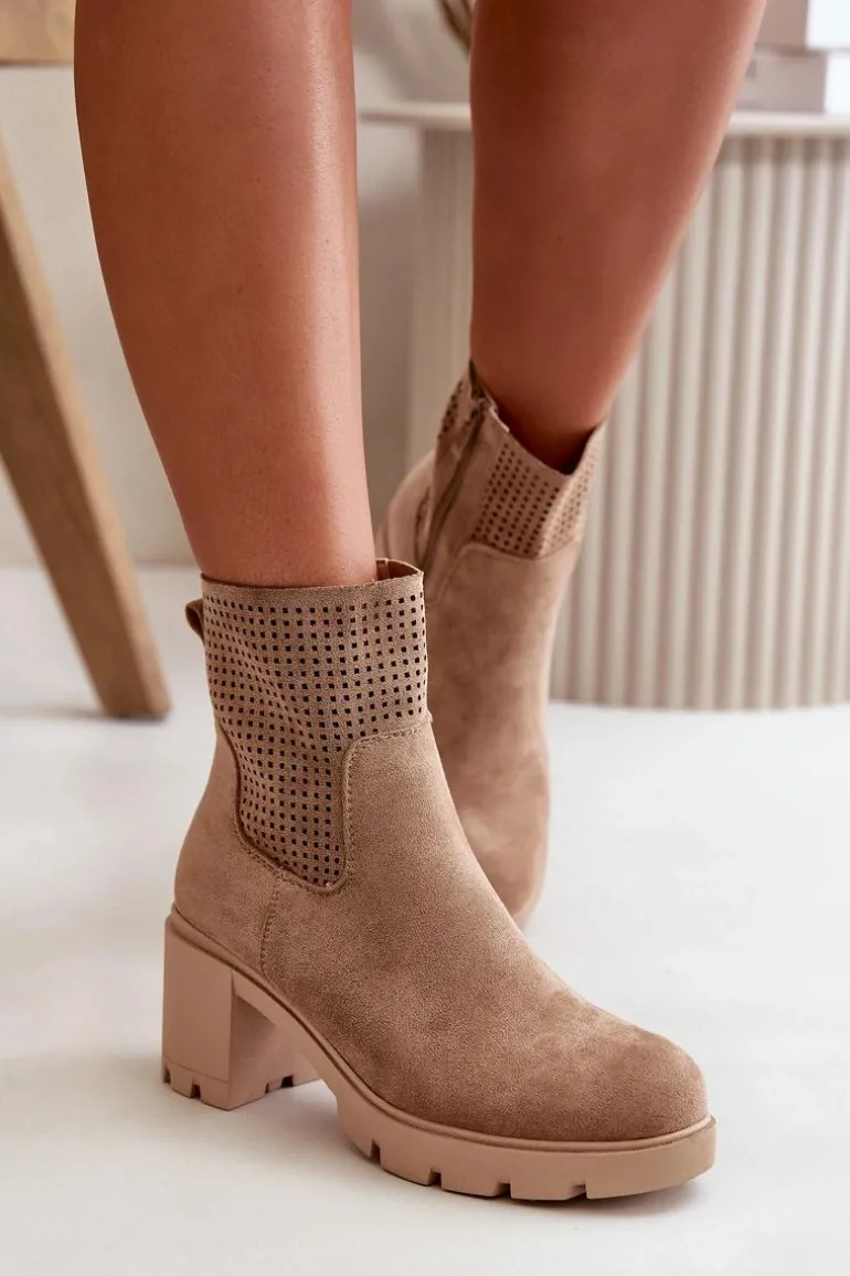 Botki Damskie Na Słupku Zapinane Na Zamek Eko Zamszowe Beżowe Rashmi