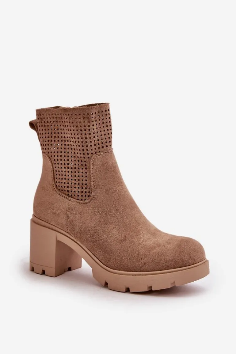 Botki Damskie Na Słupku Zapinane Na Zamek Eko Zamszowe Beżowe Rashmi