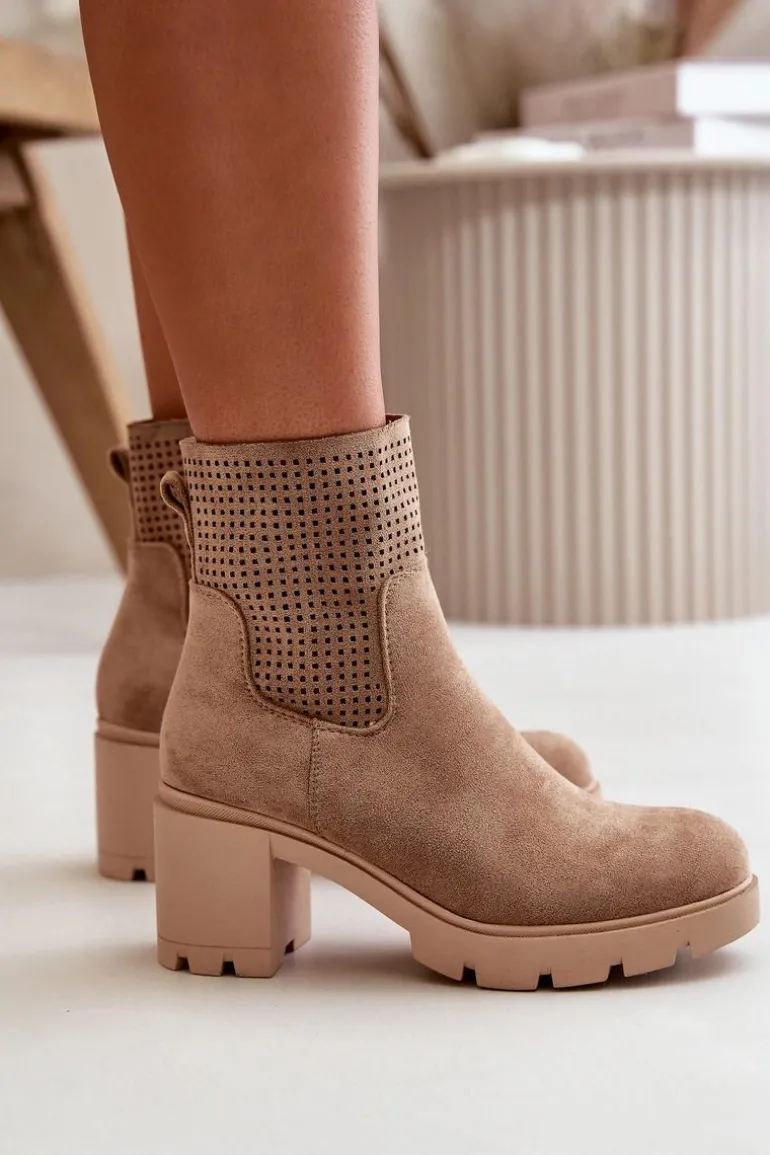 Botki Damskie Na Słupku Zapinane Na Zamek Eko Zamszowe Beżowe Rashmi