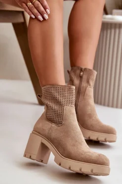 Botki Damskie Na Słupku Zapinane Na Zamek Eko Zamszowe Beżowe Rashmi