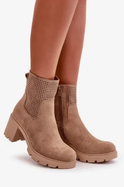 Botki Damskie Na Słupku Zapinane Na Zamek Eko Zamszowe Beżowe Rashmi