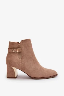 Botki Damskie Na Słupku Zapinane Na Zamek Eko Zamszowe Ciemnobeżowe Bonucci