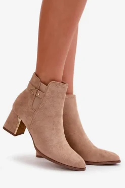 Botki Damskie Na Słupku Zapinane Na Zamek Eko Zamszowe Ciemnobeżowe Bonucci