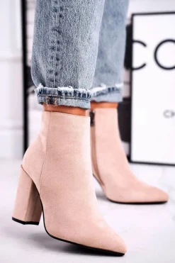 Botki Damskie na Słupku Zamszowe Beżowe Sharks