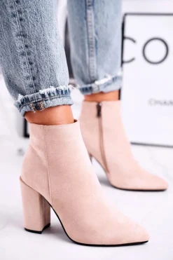 Botki Damskie na Słupku Zamszowe Beżowe Sharks