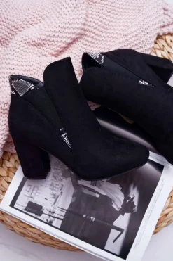 Botki Damskie na Słupku Zamszowe Czarne Jollow