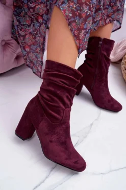 Botki Damskie Na Słupku Zamsz Bordowe Endless