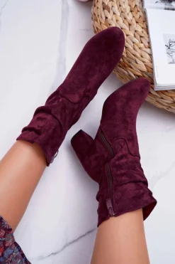 Botki Damskie Na Słupku Zamsz Bordowe Endless