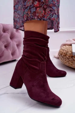 Botki Damskie Na Słupku Zamsz Bordowe Endless