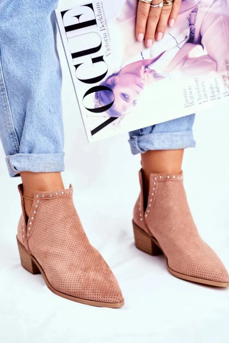 Botki Damskie Na Słupku Zamszowe Ażurowe Różowe Margate