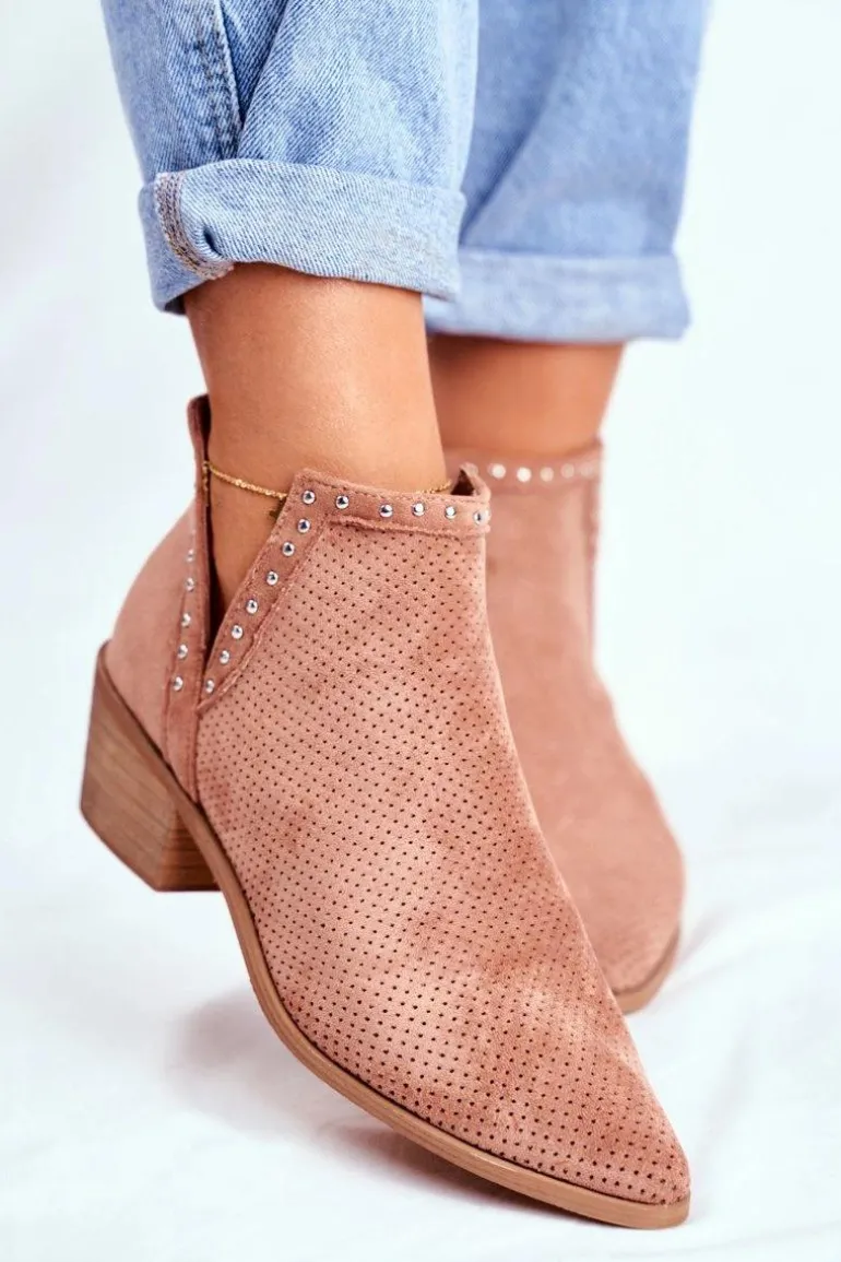 Botki Damskie Na Słupku Zamszowe Ażurowe Różowe Margate