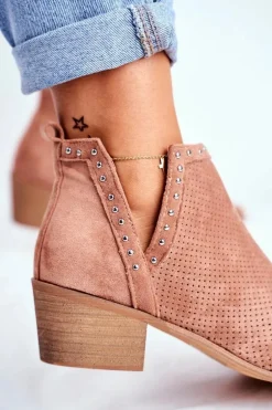 Botki Damskie Na Słupku Zamszowe Ażurowe Różowe Margate