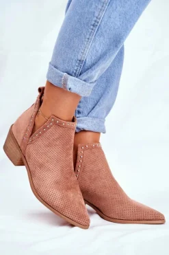 Botki Damskie Na Słupku Zamszowe Ażurowe Różowe Margate