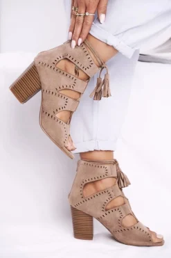 Botki Damskie Na Słupku Zamszowe Odkryte Beżowe Empty