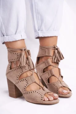 Botki Damskie Na Słupku Zamszowe Odkryte Beżowe Empty