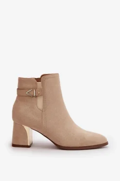 Botki Damskie Na Słupku Zapinane Na Zamek Eko Zamszowe Jasnobeżowe Bonucci