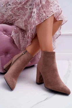 Botki Damskie na Słupku Zamszowe Khaki Sharks