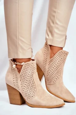 Botki Damskie Na Słupku Zamszowe Ażurowe Jasno Beżowe Shades