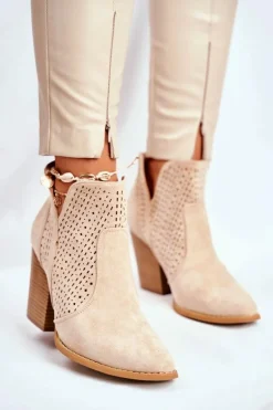 Botki Damskie Na Słupku Zamszowe Ażurowe Jasno Beżowe Shades
