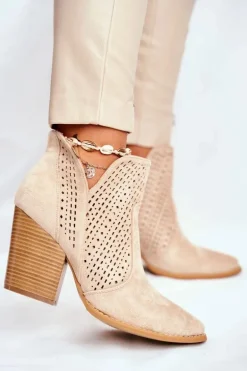 Botki Damskie Na Słupku Zamszowe Ażurowe Jasno Beżowe Shades