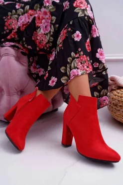 Botki Damskie Na Słupku Zamszowe Czerwone Ruffle