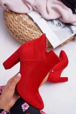 Botki Damskie Na Słupku Zamszowe Czerwone Ruffle