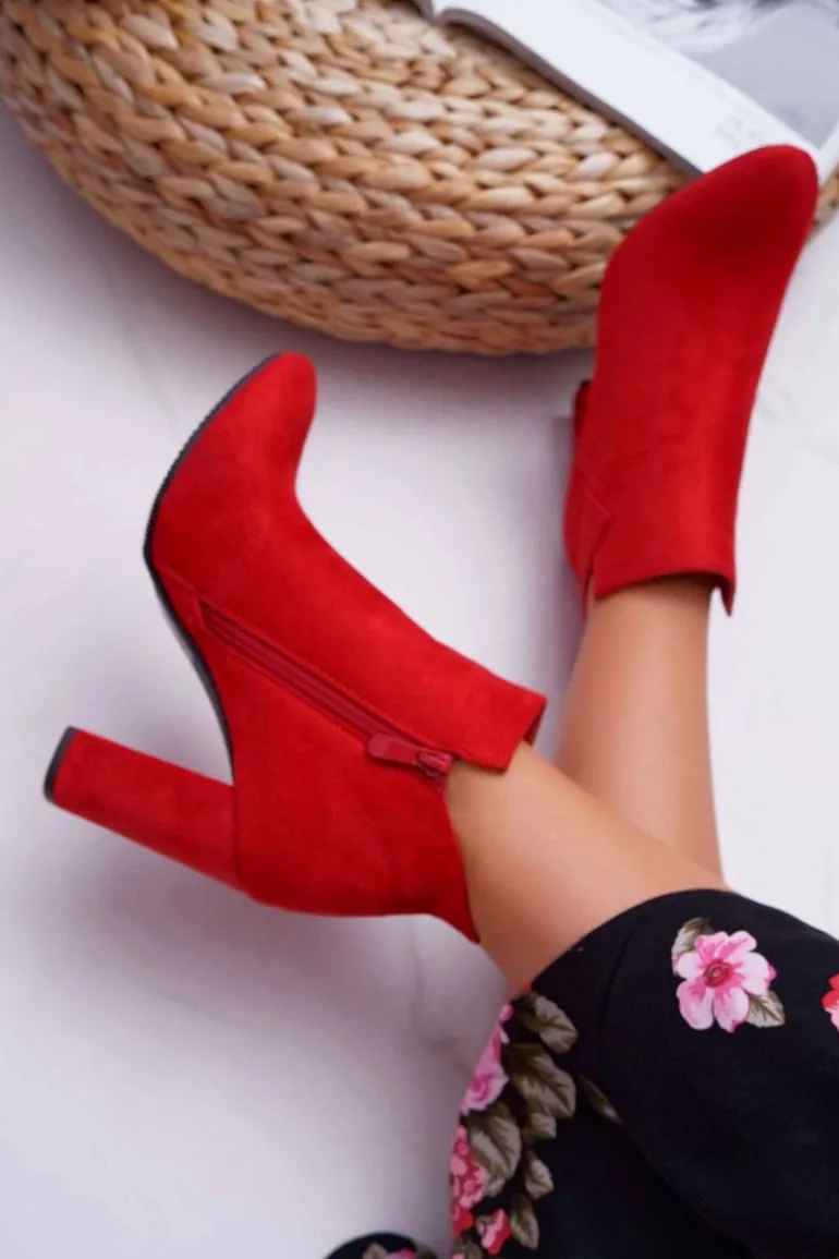 Botki Damskie Na Słupku Zamszowe Czerwone Ruffle