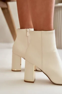 Botki Damskie Na Słupku Zapinane Na Zamek Ocieplane Eko Skórzane Jasnobeżowe Mevair