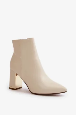 Botki Damskie Na Słupku Zapinane Na Zamek Ocieplane Eko Skórzane Jasnobeżowe Mevair