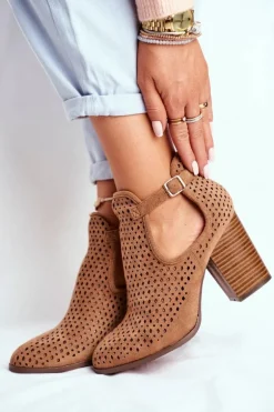 Botki Damskie Na Słupku Zamszowe Ażurowe Camel Morrena