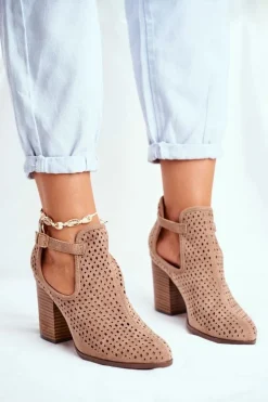 Botki Damskie Na Słupku Zamszowe Ażurowe Beżowe Morrena